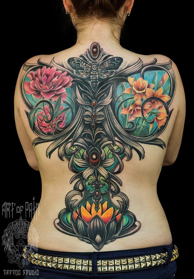 Татуировка женская фентези на спине цветы – Мастер тату: 