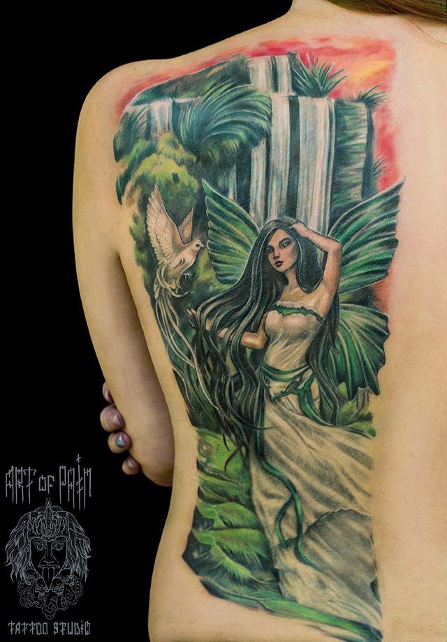 Татуировка женская фентези на спине фея – Мастер тату: 