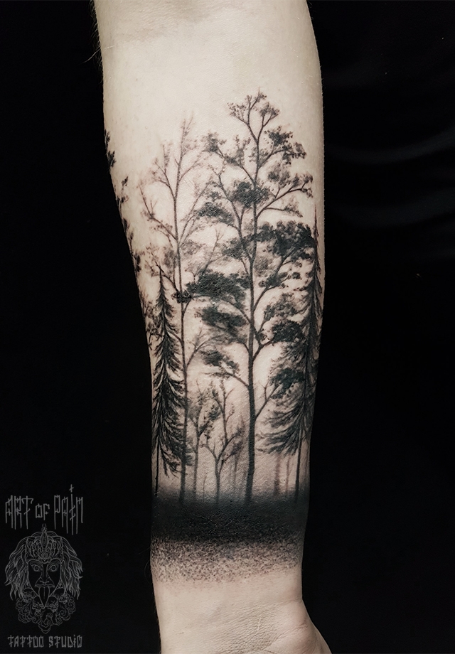Татуировка мужская black&grey на предплечье лес – Мастер тату: 
