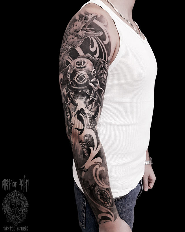 Татуировка мужская фентези тату-рукав русалка, водолаз, компас, рыба – Мастер тату: 