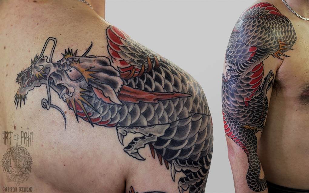 Татуировка мужская япония на плече дракон – Мастер тату: Марк Акулов