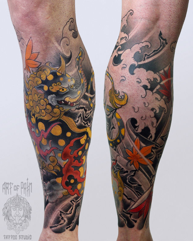 Татуировка мужская япония на голени слон – Мастер тату: Марк Акулов