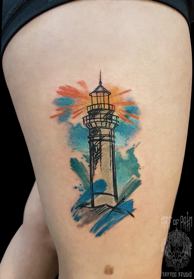 Татуировка женская акварель на бедре маяк – Мастер тату: 