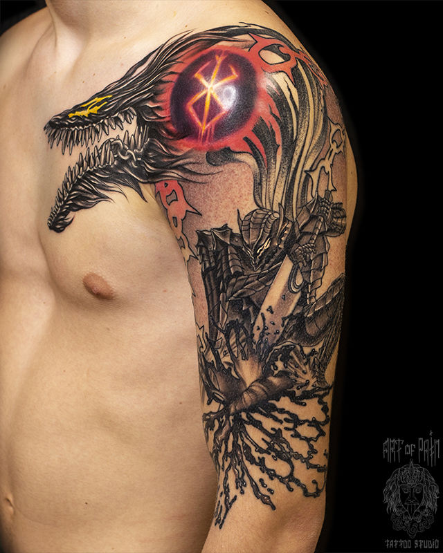 Татуировка мужская фентези на плече и груди дракон – Мастер тату: Вячеслав Плеханов