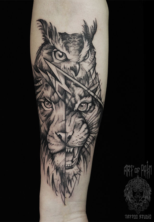 Татуировка женская графика на предплечье лев, тигр и сова – Мастер тату: 