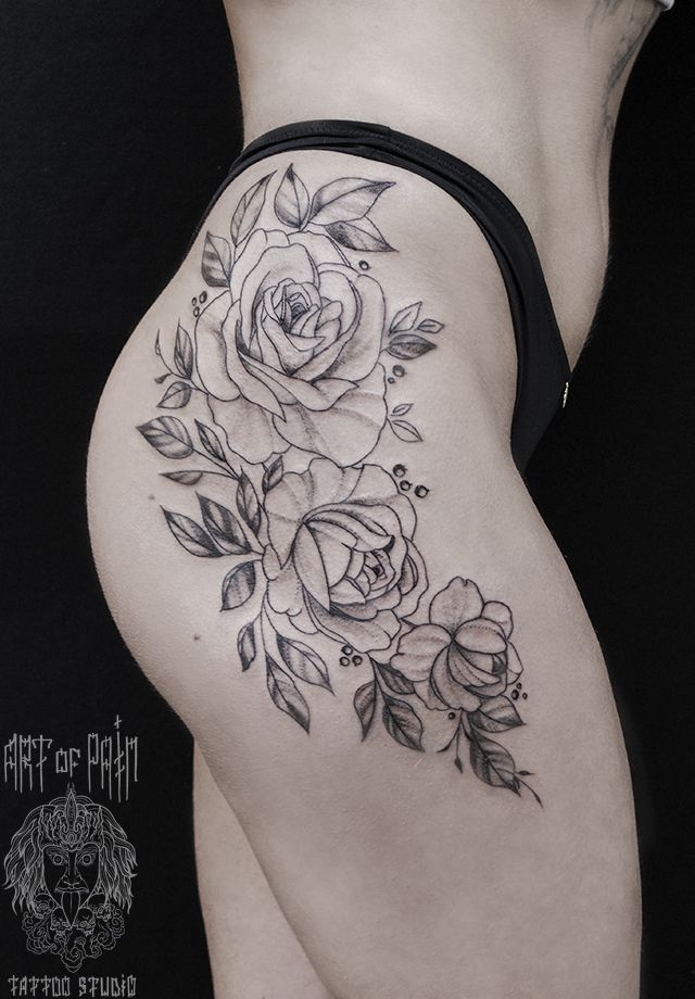 Татуировка женская графика на бедре розы и листья – Мастер тату: 