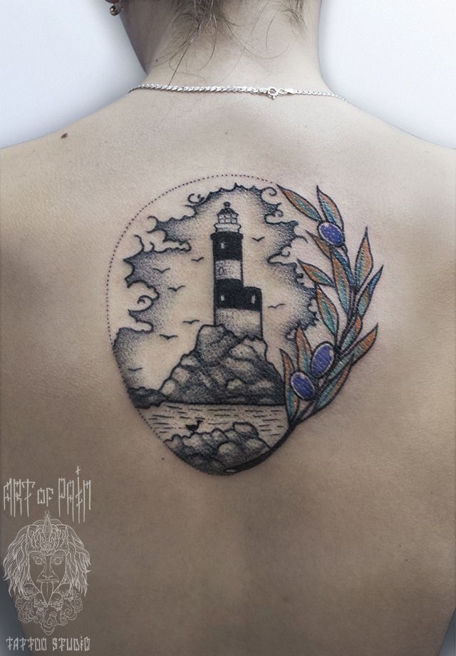 Татуировка женская графика на спине маяк – Мастер тату: 