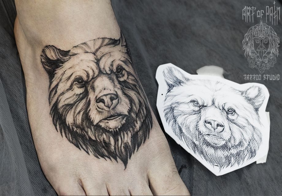 Татуировка мужская графика на ноге голова медведя – Мастер тату: 
