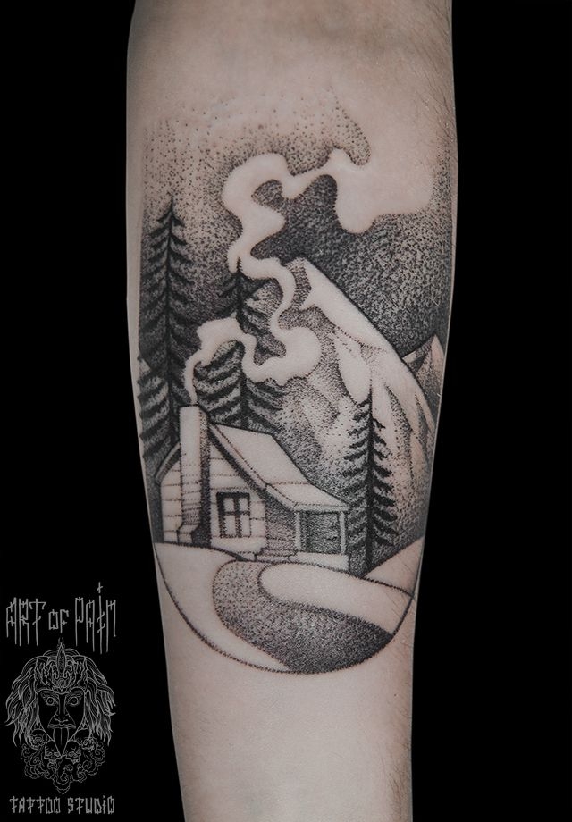 Татуировка мужская графика на предплечье горный пейзаж – Мастер тату: 