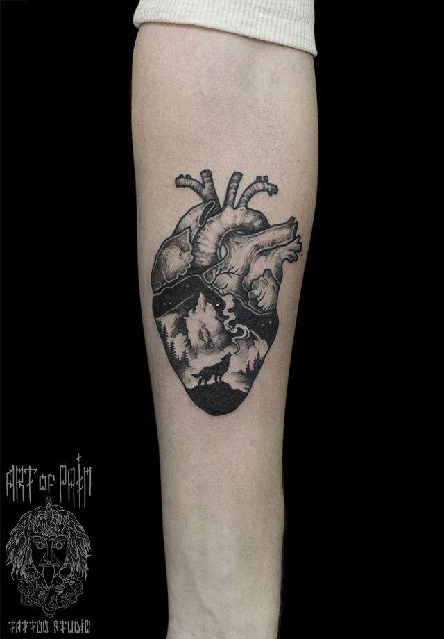 Татуировка женская графика на предплечье волк в сердце – Мастер тату: 