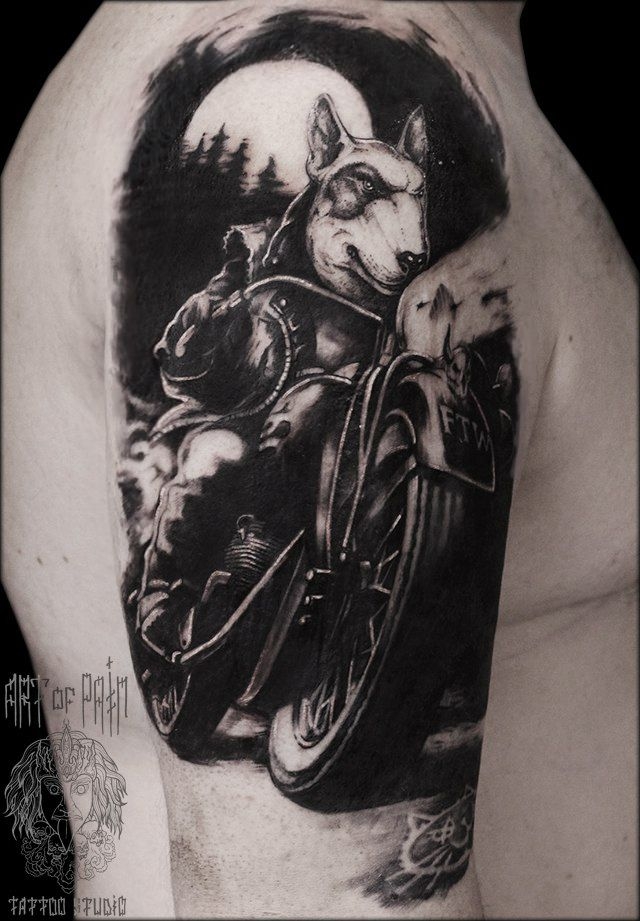 Татуировка мужская графика на плече собака на мотоцикле – Мастер тату: 