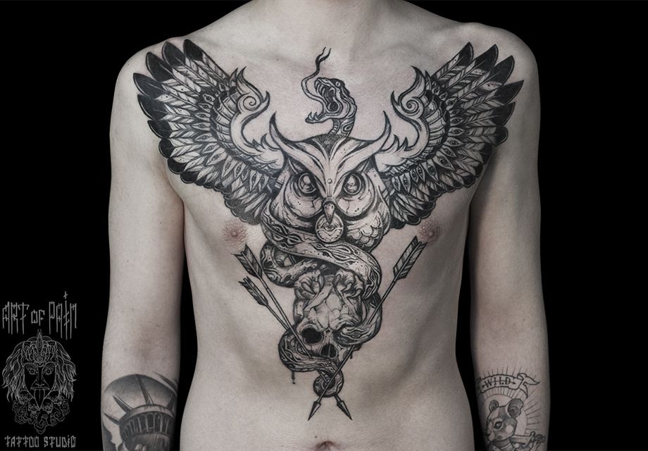 Татуировка мужская графика на груди сова, змея и стрелы – Мастер тату: 