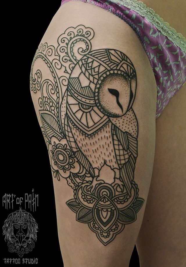 Татуировка женская графика на бедре сова – Мастер тату: 