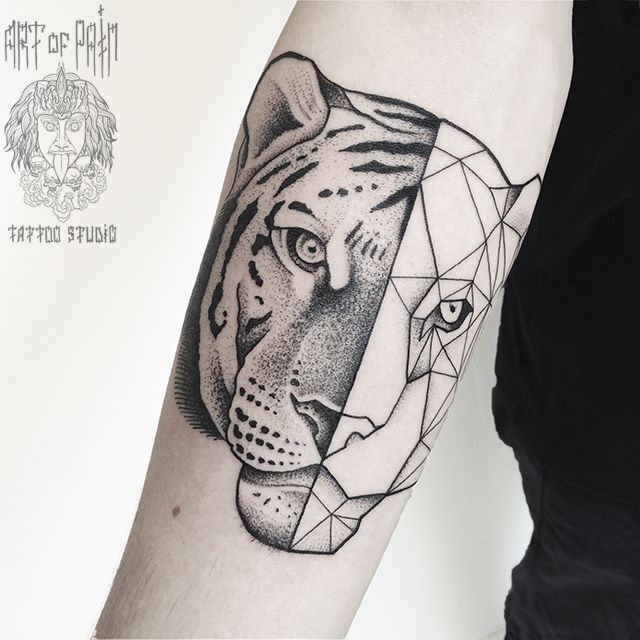 Татуировка мужская графика и геометрия на предплечье тигр – Мастер тату: 