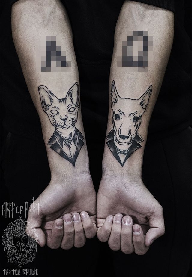Татуировка мужская графика на предплечьях кот и пёс – Мастер тату: 