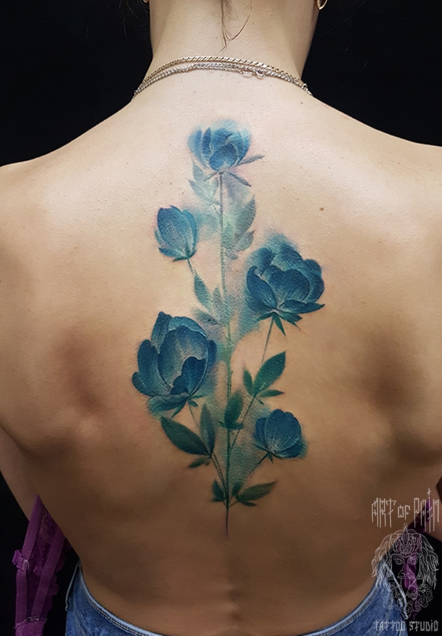 Татуировка женская акварель на спине пионы – Мастер тату: 