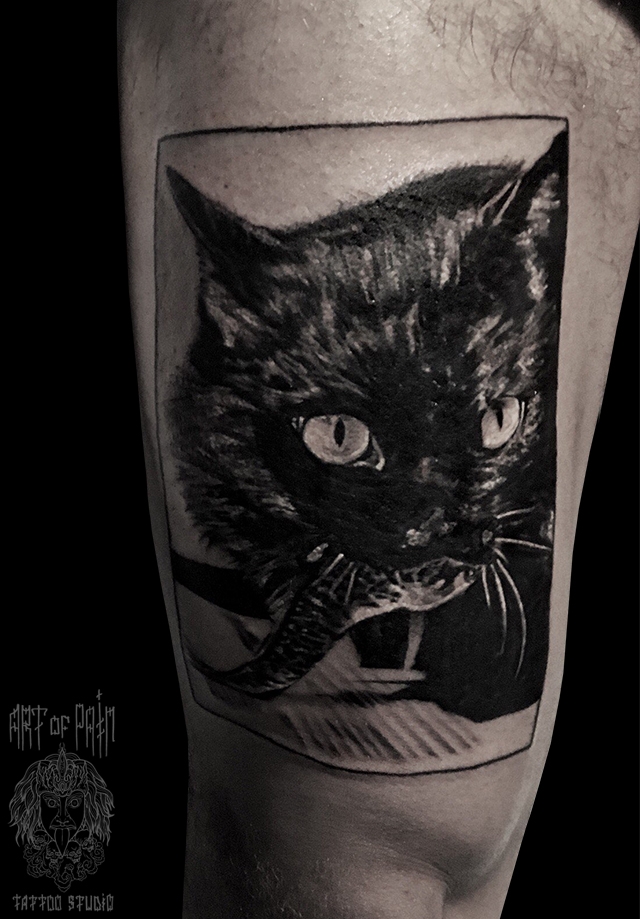 Татуировка мужская black&grey на бедре кот – Мастер тату: 