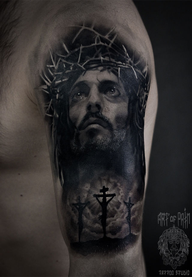 Татуировка мужская реализм на плече иисус – Мастер тату: Александр Pusstattoo