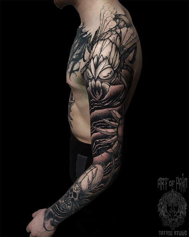 Татуировка мужская графика тату-рукав насекомые – Мастер тату: 