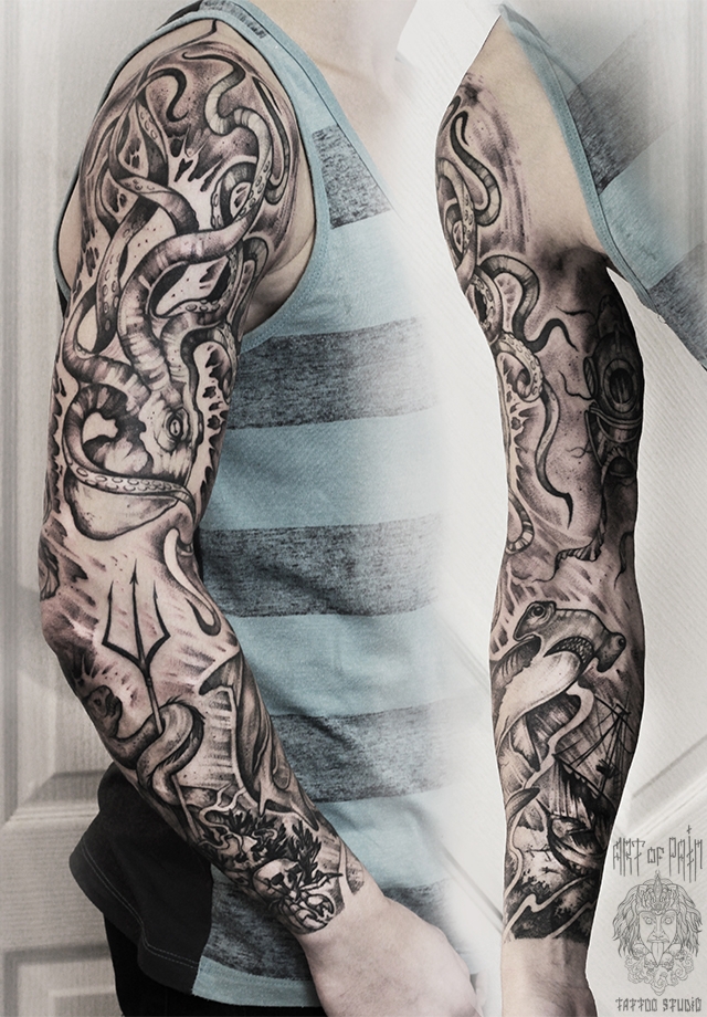 Татуировка мужская графика тату-рукав морской – Мастер тату: 