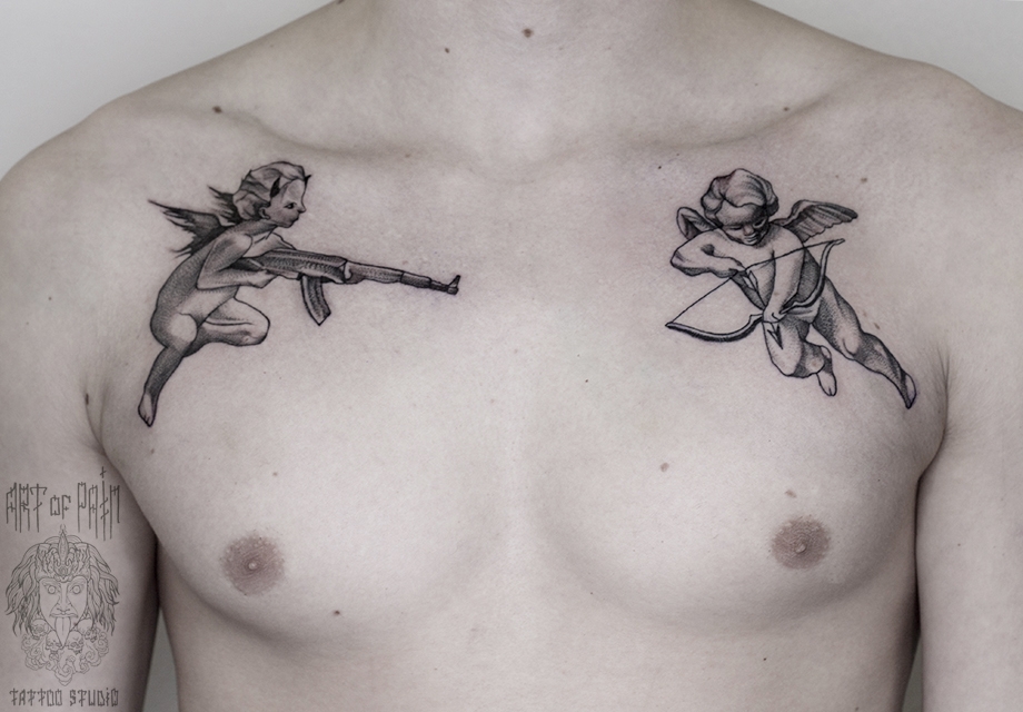 Татуировка мужская графика на груди ангелы – Мастер тату: 