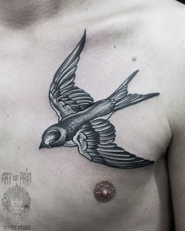 Татуировка мужская black&grey на груди ласточка – Мастер тату: 