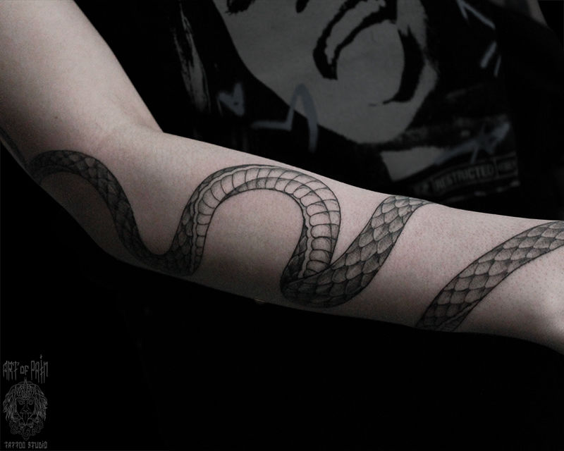 Татуировка женская графика на змея вокруг руки – Мастер тату: Мария Челнокова