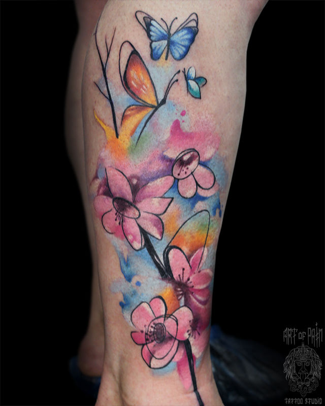 Татуировка женская акварель на голени цветы – Мастер тату: Анастасия Родина