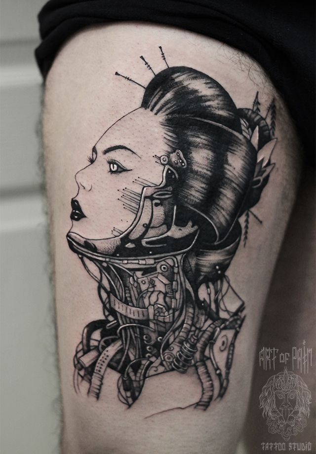 Татуировка мужская графика на бедре девушка робот – Мастер тату: 