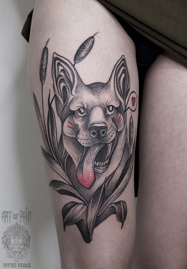 Татуировка женская графика на бедре собака – Мастер тату: 