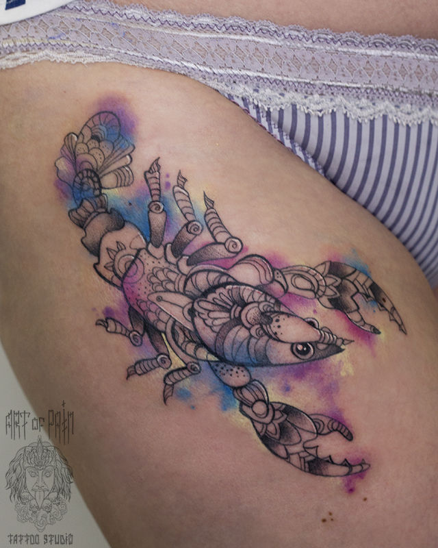 Татуировка женская акварель на бедре скорпион – Мастер тату: 