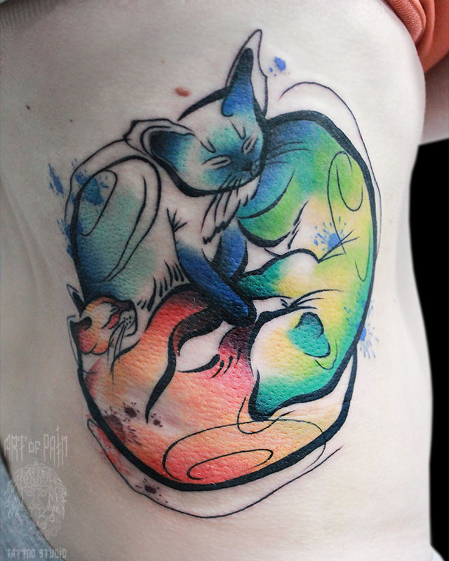 Татуировка женская акварель на боку котики – Мастер тату: Анастасия Родина