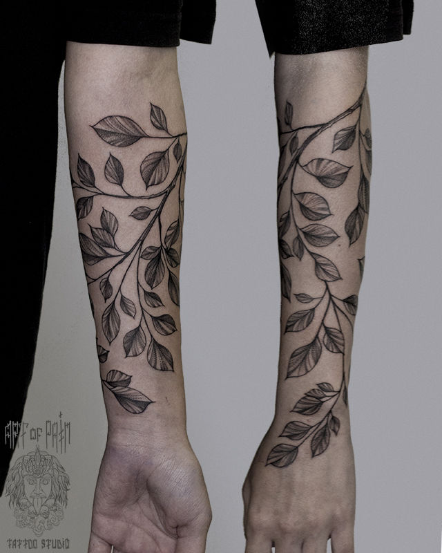 Татуировка женская графика на предплечье ветви с листьями – Мастер тату: 