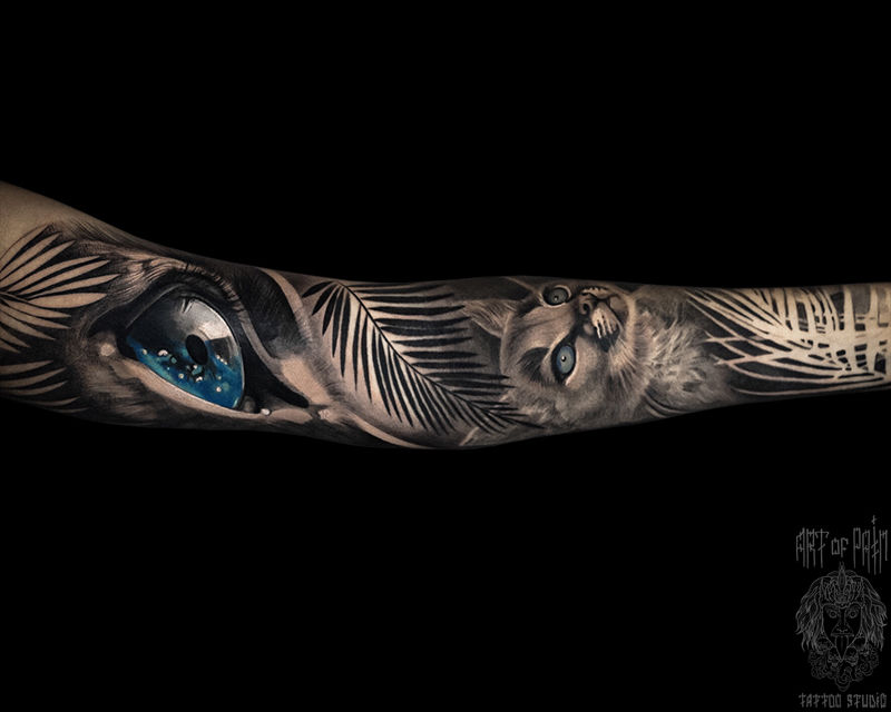 Татуировка мужская реализм тату-рукав глаз, кот – Мастер тату: Анастасия Юсупова