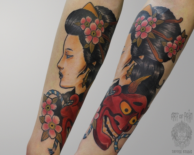 Татуировка мужская япония на предплечье гейша и ханья – Мастер тату: Марк Акулов