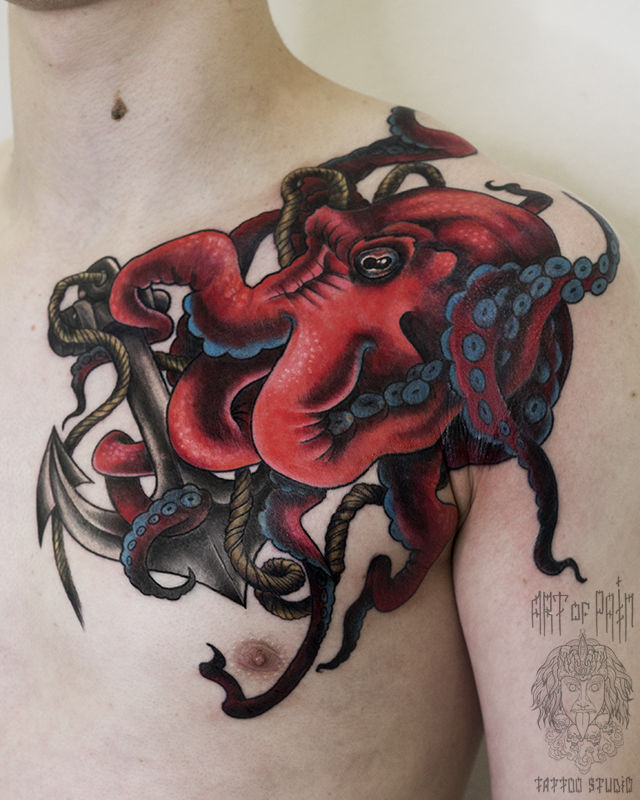 Татуировка мужская нью-скул на плече осьминог – Мастер тату: Анастасия Родина