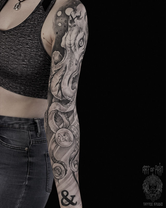 Татуировка женская графика тату-рукав осьминог и муми-тролли – Мастер тату: 