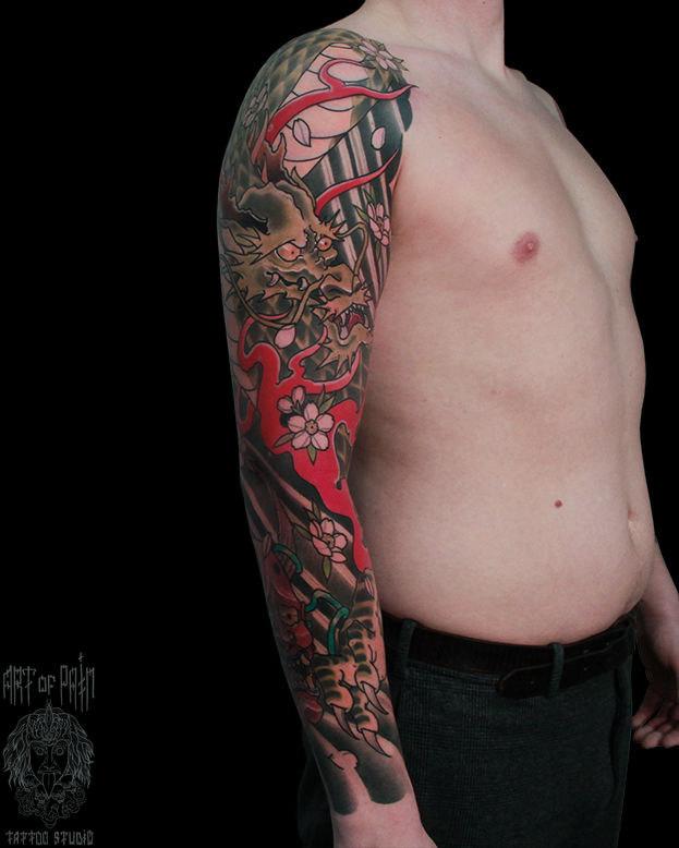 Татуировка мужская япония тату-рукав дракон, маска – Мастер тату: Марк Акулов