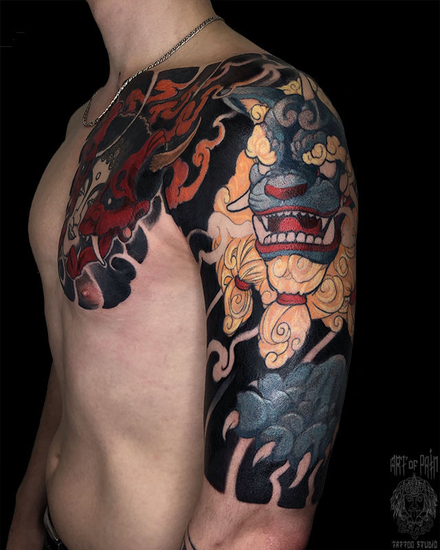 Татуировка мужская япония на плече собака Фу – Мастер тату: 