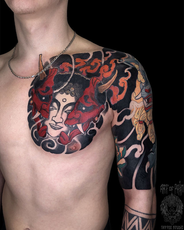 Татуировка мужская япония на плече Будда, Они – Мастер тату: 