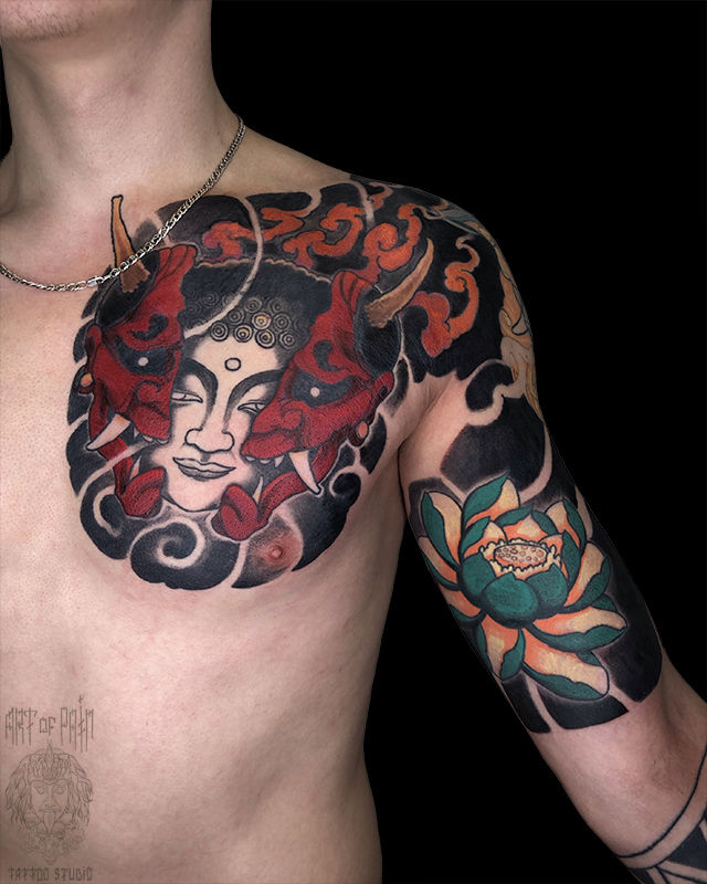 Татуировка мужская япония на груди Будда, Они, лотос – Мастер тату: 