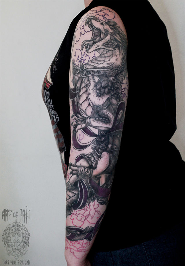 Татуировка женская графика тату-рукав дракон – Мастер тату: Анастасия Родина