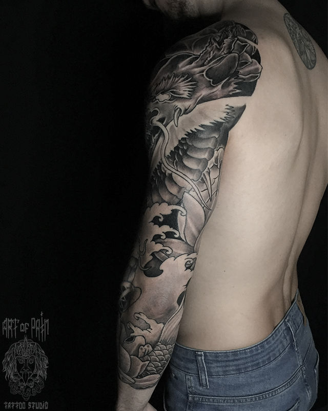 Татуировка мужская в японском стиле дракон и лотосы – Мастер тату: 