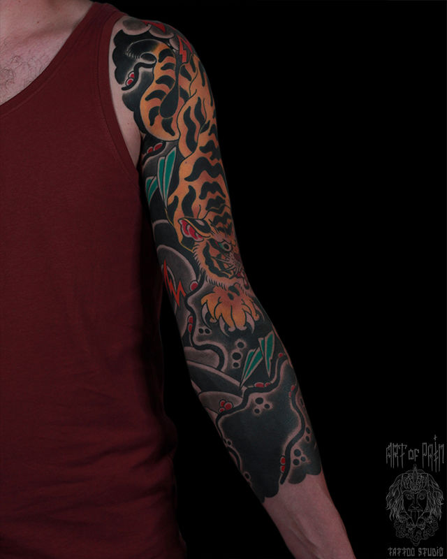 Татуировка мужская япония тату-рукав тигр – Мастер тату: Марк Акулов