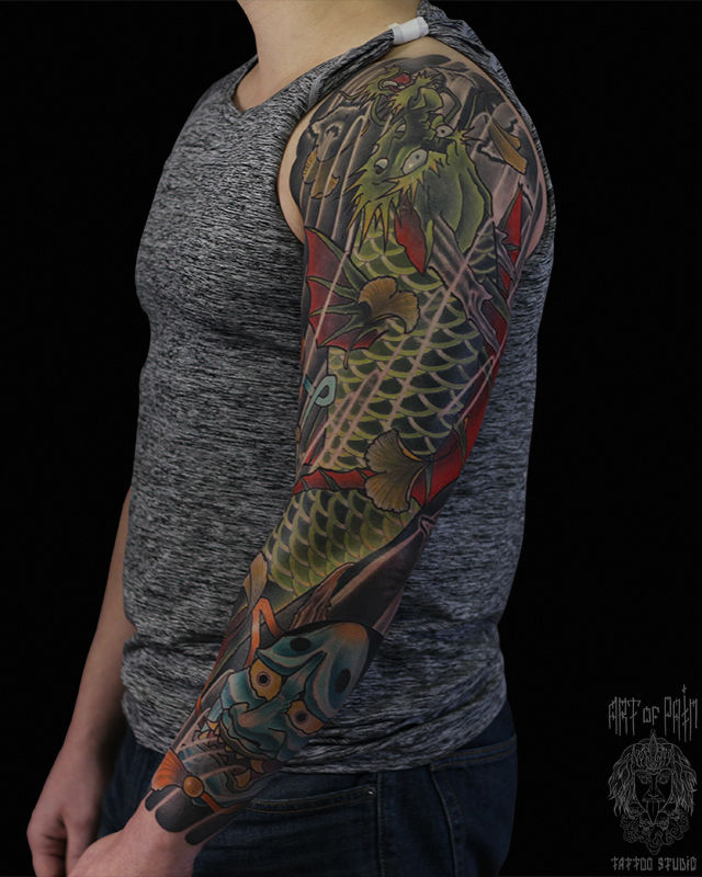 Татуировка мужская япония тату-рукав дракон и маски – Мастер тату: Марк Акулов