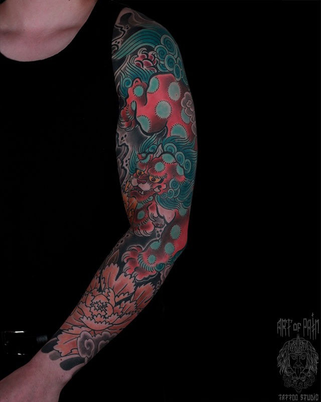 Татуировка мужская япония тату-рукав лев и пион – Мастер тату: Марк Акулов