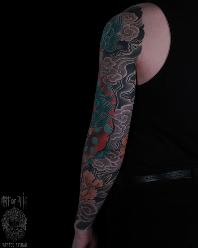 Татуировка мужская япония тату-рукав лев и пион – Мастер тату: Марк Акулов