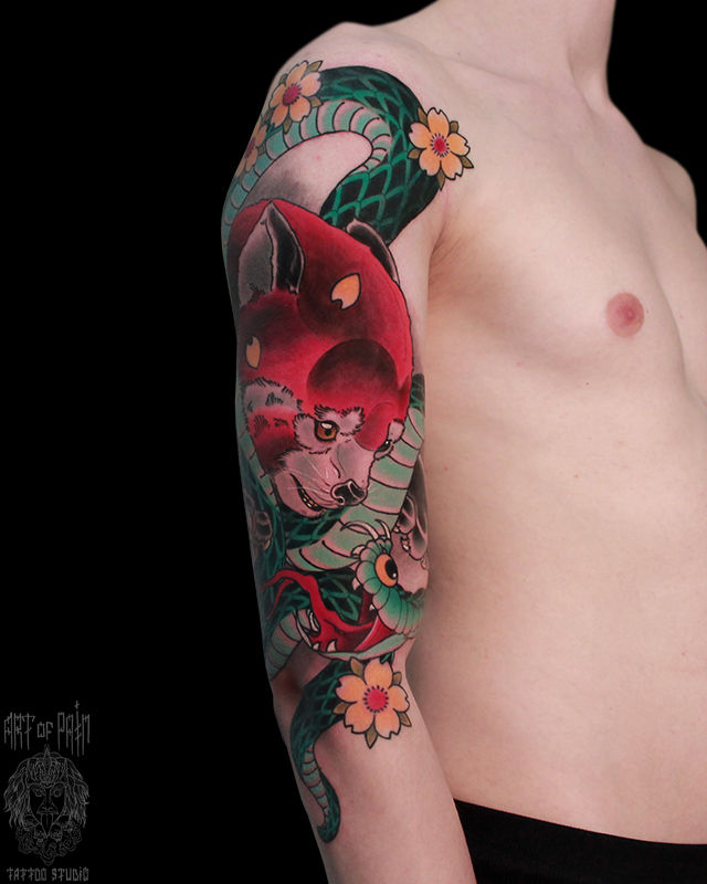 Татуировка мужская япония на плече панда и змея – Мастер тату: Марк Акулов