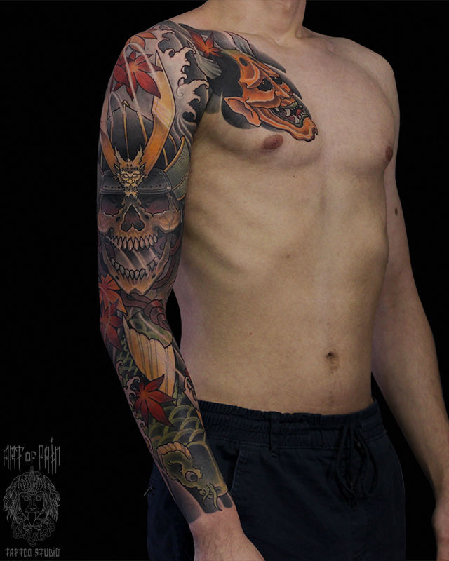 Татуировка мужская япония тату-рукав карп и маски – Мастер тату: Марк Акулов