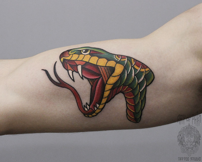 Татуировка мужская олд скул на плече змея – Мастер тату: Юрий Хандрыкин